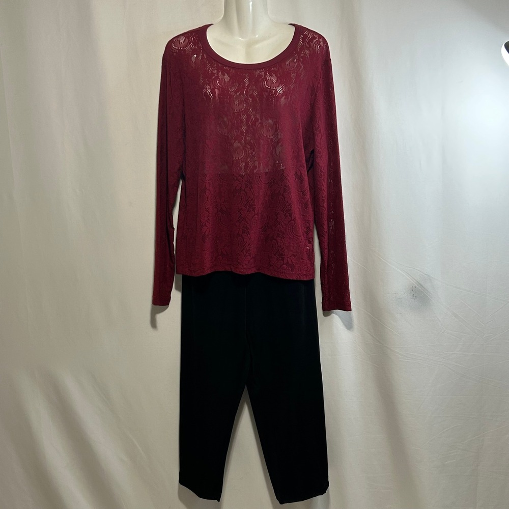 New York & Company Burgundy Lace Top Black Pants Set XL Long Sleeve